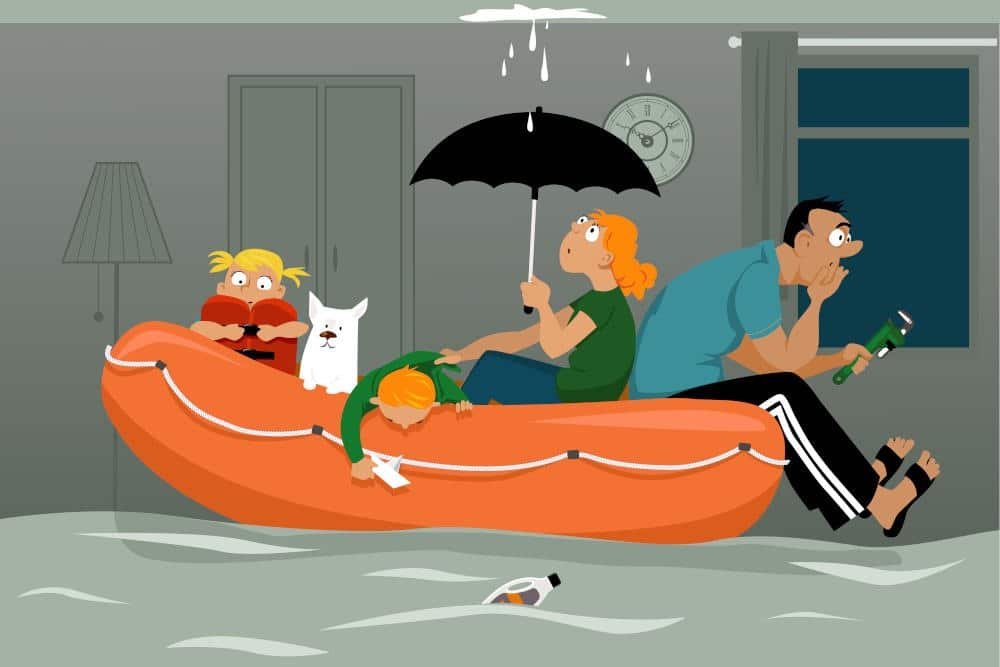 Family and dog sitting in an inflatable boat indoors as water leaks from the ceiling.
