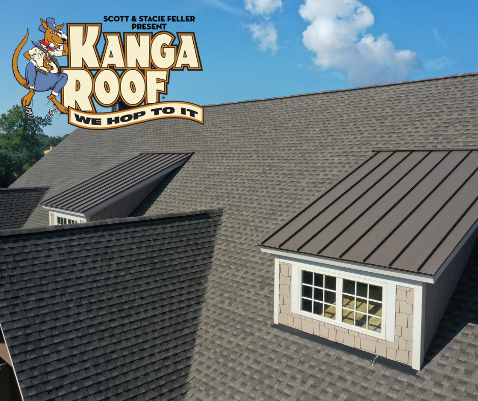 A roof with gray shingles features two dormer windows, with the KangaRoof logo overlaid.