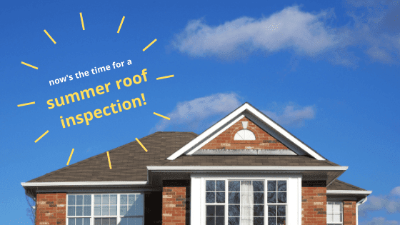 A house with text about getting a summer roof inspection.
