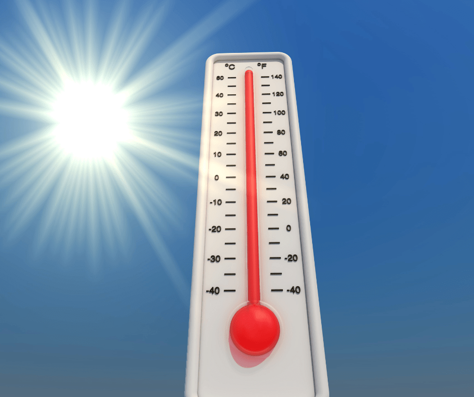 Thermometer showing high temperature with bright sun above, illustrating risks of excessive heat on your roof.