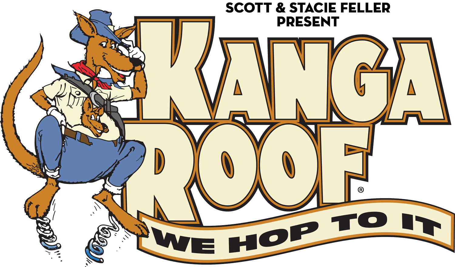 Scott and Stacie Feller present the KangaRoof logo with We Hop To It motto and Rufus mascot.