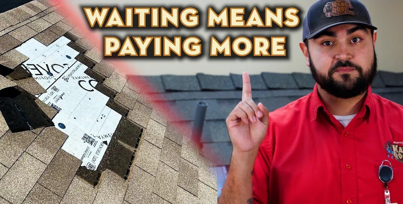 Roof repair in progress with exposed roofing underlayment and missing shingles, alongside a KangaRoof team member pointing upward. Text reads “Waiting Means Paying More,” highlighting the cost of delaying roof repairs or replacement.