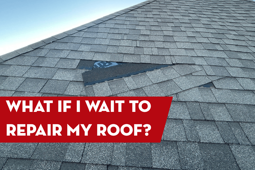 Damaged asphalt shingle roof with missing shingles, illustrating the risks of delaying roof repairs.