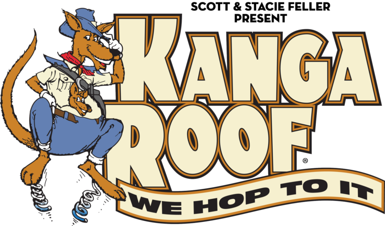 Scott and Stacie Feller present KangaRoof logo with We Hop To It motto and Rufus the kangaroo mascot