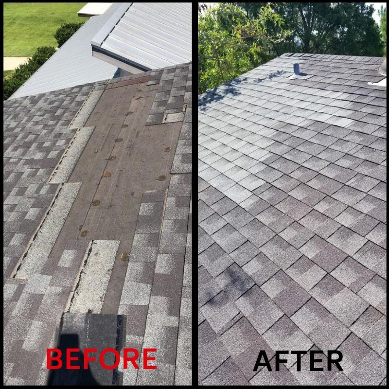 image of a roof repair service being done that has a before and after image