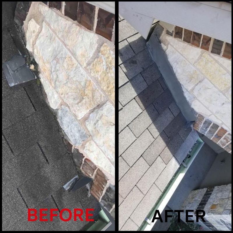 image of a roof repair service that is being done that has before and after image