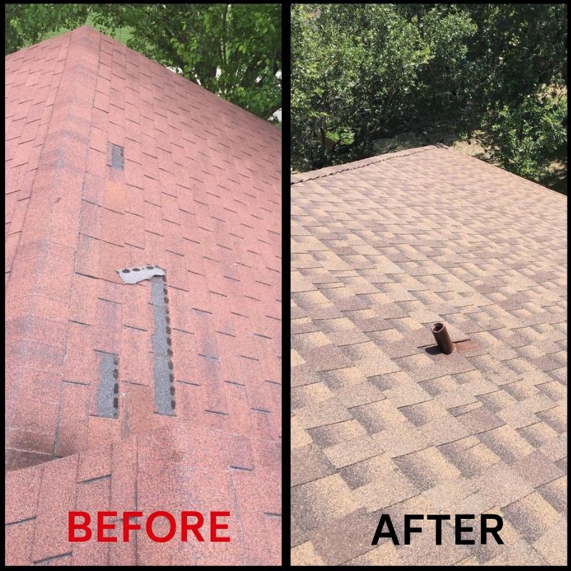 image of a residential roof replacement that has a before and after image