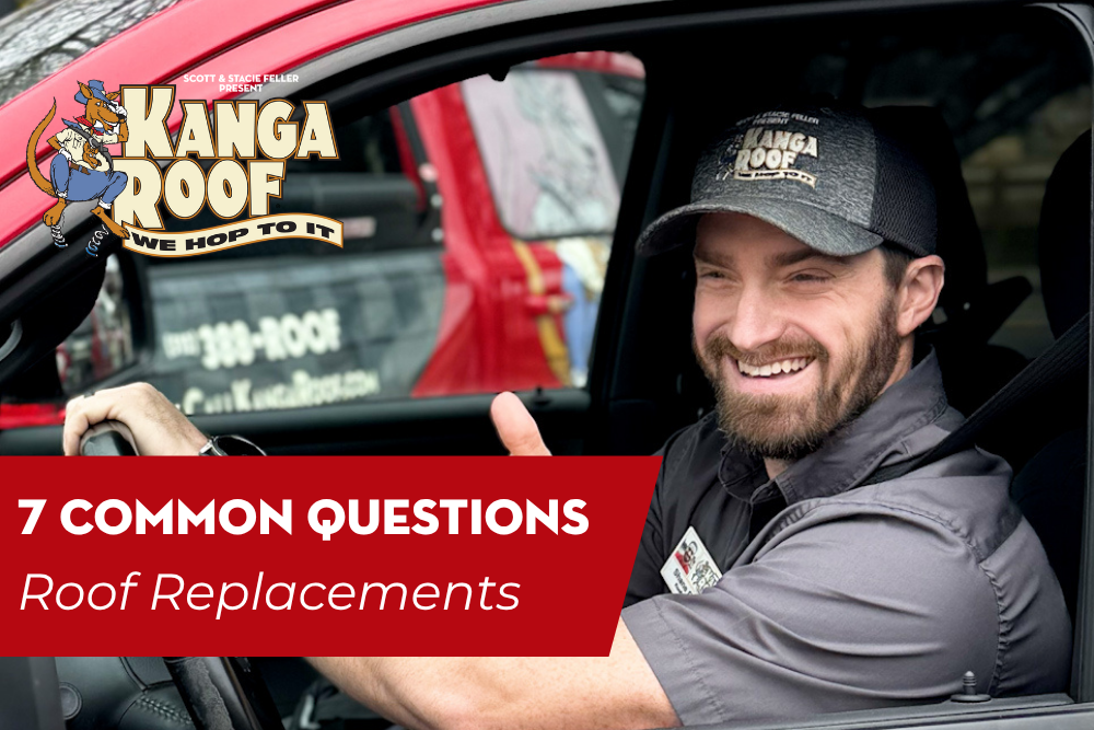A smiling man in a Kanga Roof cap sits in a vehicle giving a thumbs up, with a truck and the Kanga Roof logo in the background. Text reads, "7 Common Questions: Roof Replacements.