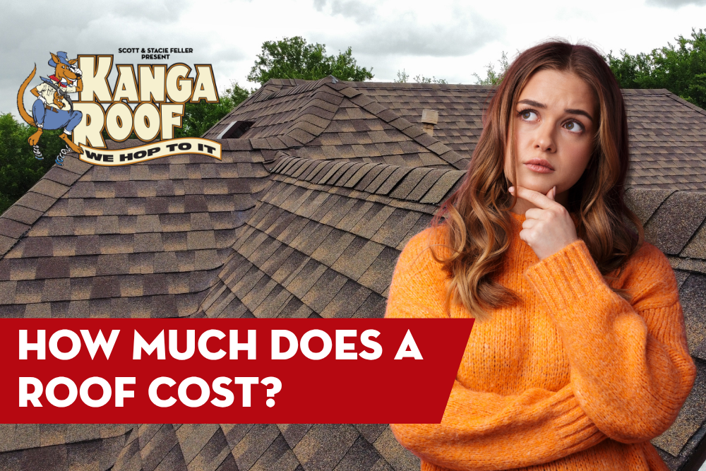 A woman in an orange sweater stands in front of a shingled roof, looking thoughtful. Text reads, “How much does a roof cost?” with the Kanga Roof logo in the corner.