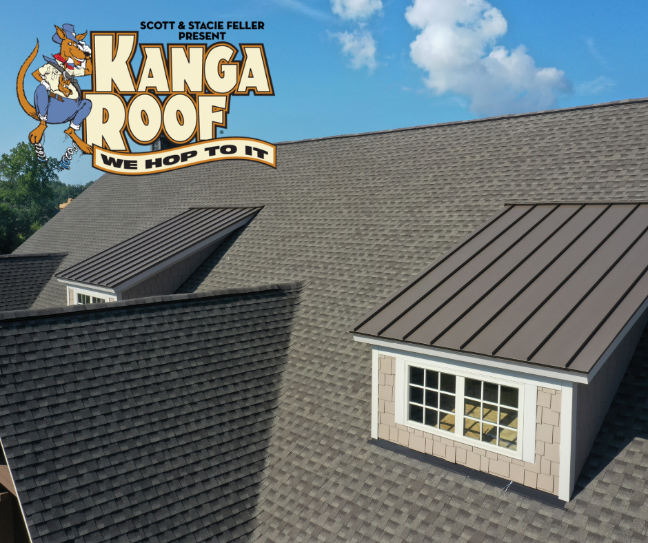 A roof with gray shingles features two dormer windows. "KangaRoof We Hop To It" logo is overlaid in the sky area.