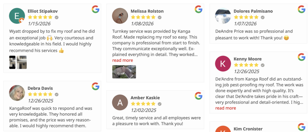 A collage of six Google customer reviews praising Kanga Roof for professional, courteous, and efficient roofing services, each with star ratings and reviewer names.