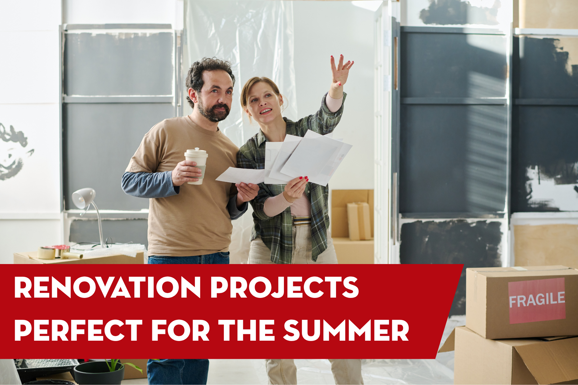 Homeowners planning interior renovation and home improvement projects during summer while reviewing remodeling documents inside a house