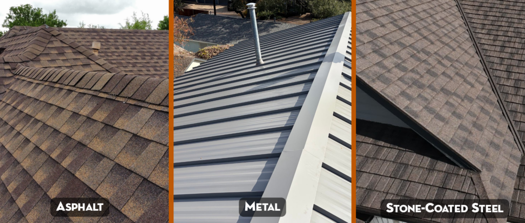 Three types of roofing are shown: asphalt shingles on the left, metal roofing in the center, and stone-coated steel shingles on the right, each labeled with text.