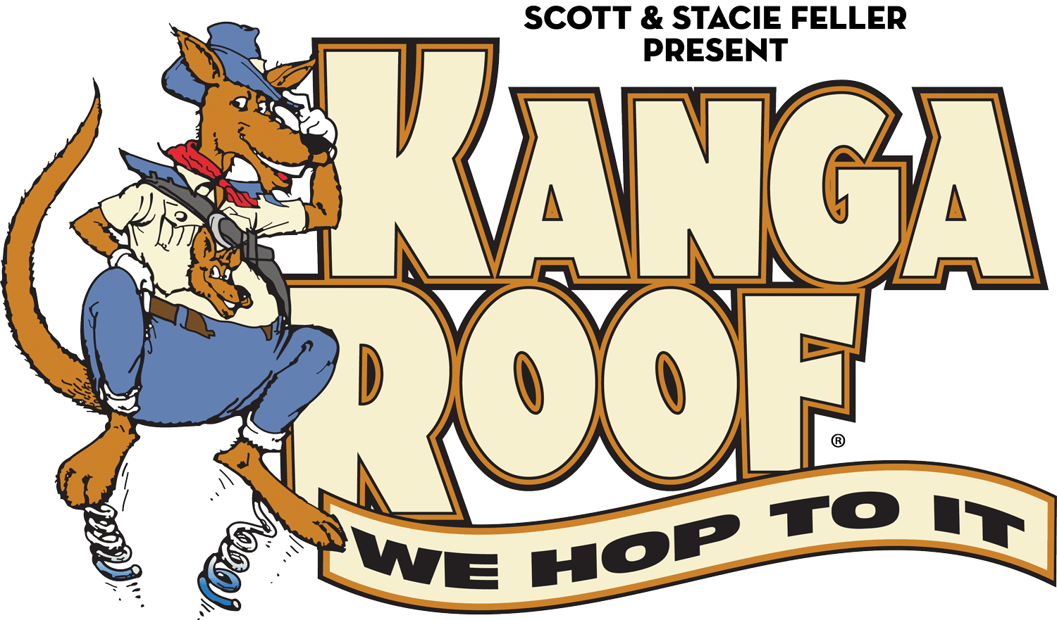 Scott and Stacie Feller present KangaRoof logo with We Hop To It motto and Rufus the kangaroo mascot