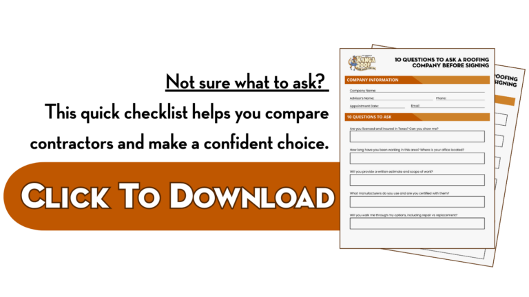 Downloadable roofing checklist offering 10 key questions to ask a roofing contractor before signing a contract, shown with a click-to-download button