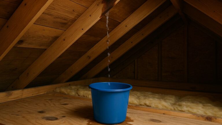 A blue bucket catches water dripping from a leak in the wooden roof of an attic.
