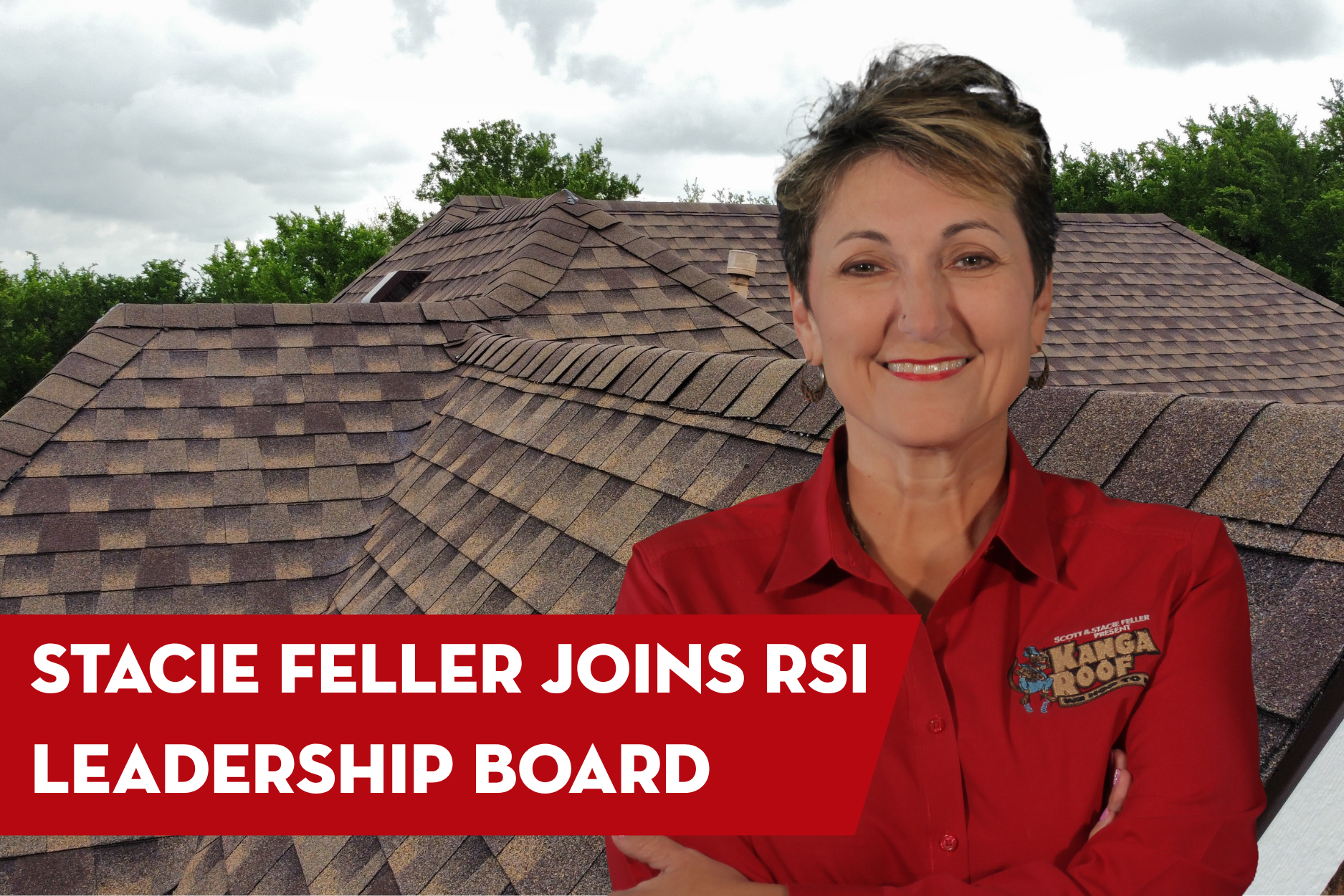 Stacie Feller standing in front of a residential roof with announcement text about joining the RSI leadership board