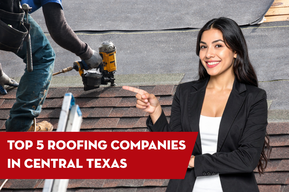 Smiling professional woman pointing to a roof installation scene promoting a list of the best roofing companies in Central Texas