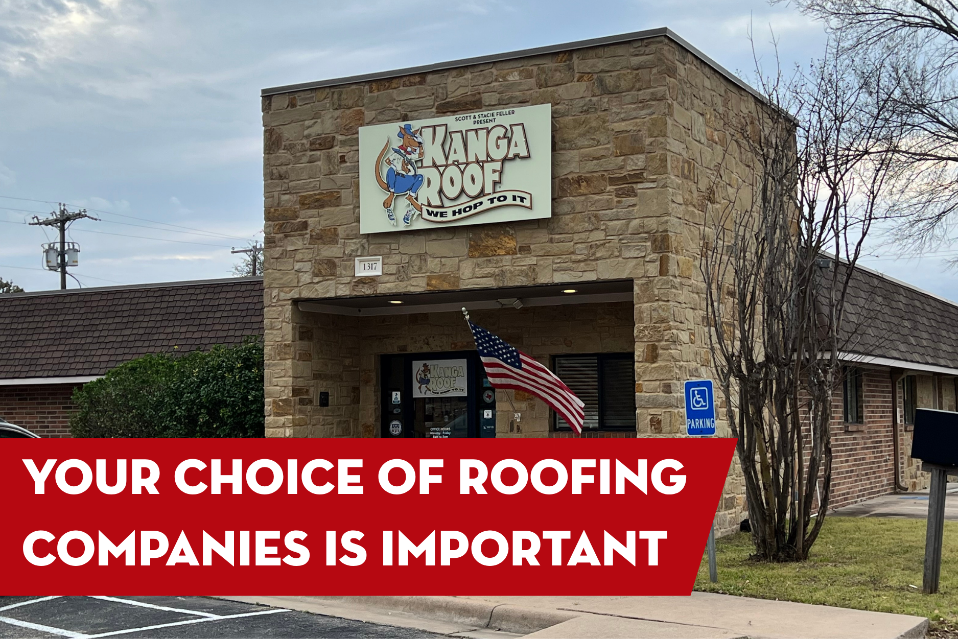 Exterior view of the KangaRoof office building with company signage, emphasizing the importance of choosing a trusted roofing company